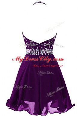 Purple Halter Top Zipper Beading Prom Gown Sleeveless