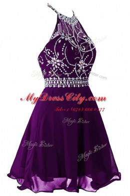 Purple Halter Top Zipper Beading Prom Gown Sleeveless