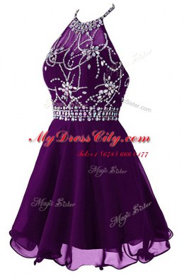 Purple Halter Top Zipper Beading Prom Gown Sleeveless
