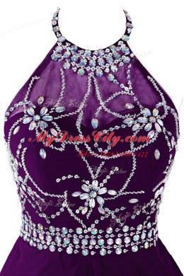 Purple Halter Top Zipper Beading Prom Gown Sleeveless