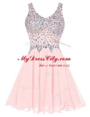 Baby Pink Zipper Straps Beading Prom Evening Gown Chiffon Sleeveless