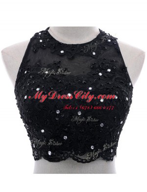 Pretty Scoop With Train Two Pieces Sleeveless Black Prom Gown Brush Train Side Zipper