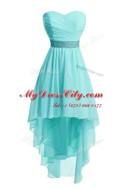 Sweetheart Sleeveless Red Carpet Gowns High Low Ruching and Belt Aqua Blue Organza