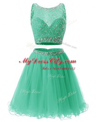 Pretty Mini Length Green Prom Evening Gown Organza Sleeveless Beading and Belt