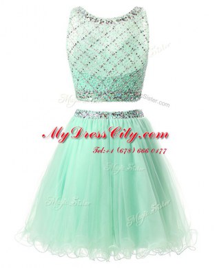 Pretty Mini Length Green Prom Evening Gown Organza Sleeveless Beading and Belt
