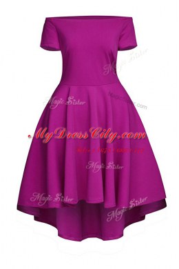 Fuchsia Short Sleeves Satin Side Zipper Dress for Prom for Prom and Party