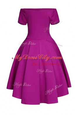 Fuchsia Short Sleeves Satin Side Zipper Dress for Prom for Prom and Party