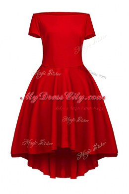Classical Wine Red Side Zipper Bateau Ruching Evening Dress Satin Short Sleeves