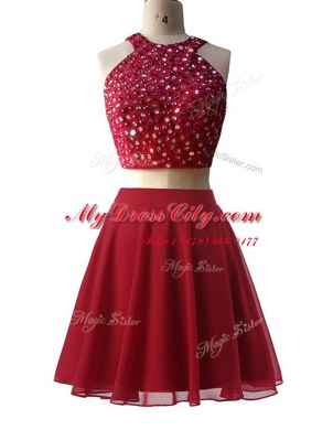 Adorable Scoop Knee Length Wine Red Homecoming Dress Chiffon Sleeveless Beading