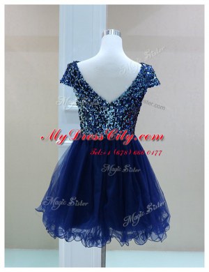 Most Popular Mini Length Zipper Formal Evening Gowns Navy Blue for Prom and Party with Sequins