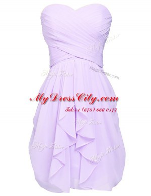 Spectacular Lavender Column/Sheath Ruching Homecoming Dress Lace Up Chiffon Sleeveless Knee Length
