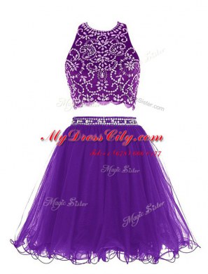 Scoop Purple Sleeveless Beading Mini Length
