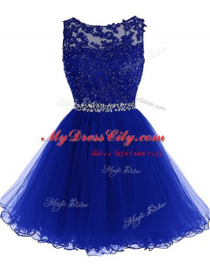 Scoop Royal Blue Sleeveless Beading and Lace Knee Length Evening Dress