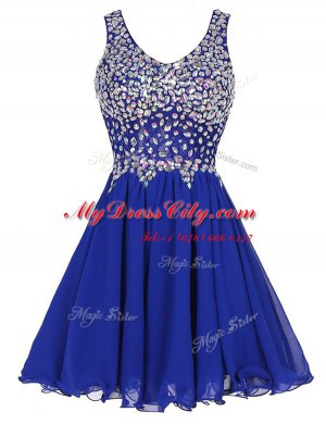 Exceptional A-line Dress for Prom Royal Blue Straps Chiffon Sleeveless Knee Length Zipper