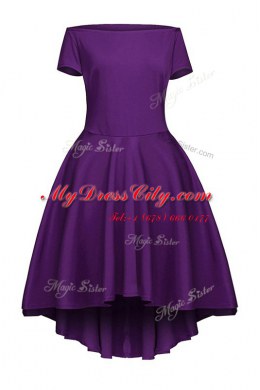 Modern Purple Short Sleeves Tea Length Ruching Side Zipper Homecoming Dress