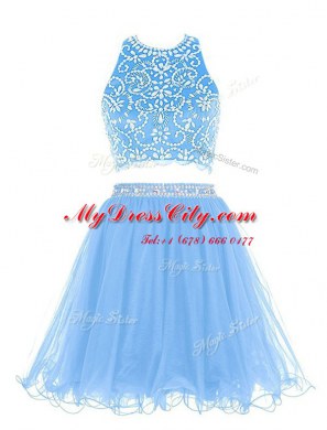 Scoop Blue Chiffon Backless Prom Dresses Sleeveless Mini Length Beading