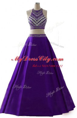 Sexy Scoop Purple Sleeveless Beading Floor Length Evening Dress