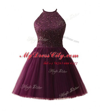 Dark Purple Zipper Scoop Beading Prom Party Dress Chiffon Sleeveless