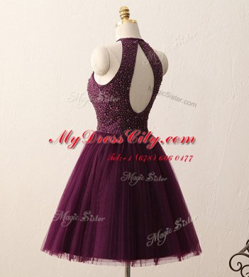 Dark Purple Zipper Scoop Beading Prom Party Dress Chiffon Sleeveless