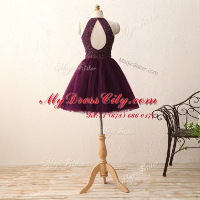 Dark Purple Zipper Scoop Beading Prom Party Dress Chiffon Sleeveless