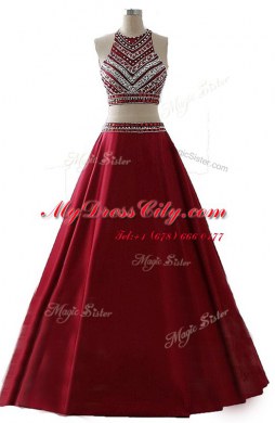 Chiffon Scoop Sleeveless Zipper Beading Prom Gown in Wine Red