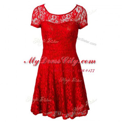 Fashion Red Scoop Neckline Lace Cocktail Dress Short Sleeves Side Zipper