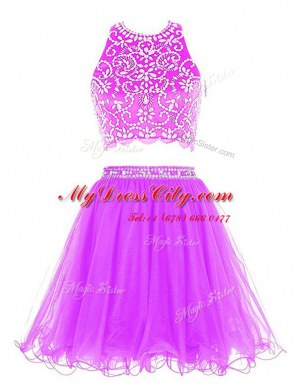Comfortable Purple Scoop Clasp Handle Beading Prom Gown Sleeveless