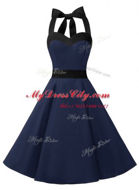 Halter Top Navy Blue Sleeveless Sashes ribbons Knee Length Prom Dress