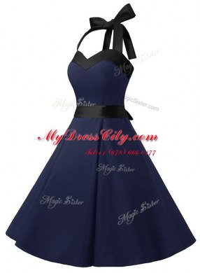 Halter Top Navy Blue Sleeveless Sashes ribbons Knee Length Prom Dress