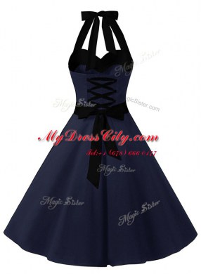 Halter Top Navy Blue Sleeveless Sashes ribbons Knee Length Prom Dress