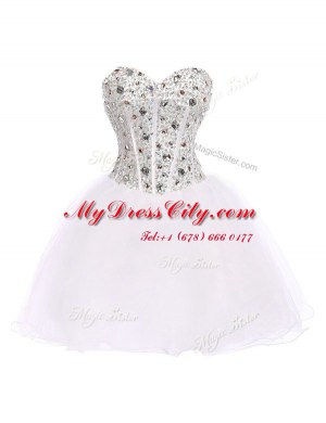 White Lace Up Homecoming Dress Beading Sleeveless Mini Length
