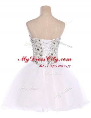 White Lace Up Homecoming Dress Beading Sleeveless Mini Length