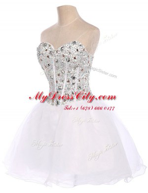 White Lace Up Homecoming Dress Beading Sleeveless Mini Length