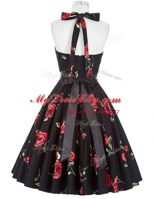 Great A-line Red And Black Halter Top Chiffon Sleeveless Knee Length Zipper