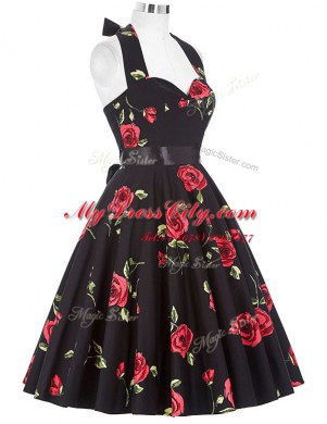 Great A-line Red And Black Halter Top Chiffon Sleeveless Knee Length Zipper