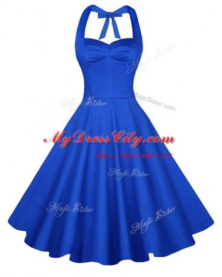 Luxury Blue A-line Sweetheart Sleeveless Satin Knee Length Backless Ruching Prom Evening Gown