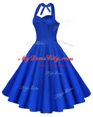 Luxury Blue A-line Sweetheart Sleeveless Satin Knee Length Backless Ruching Prom Evening Gown
