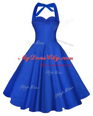 Luxury Blue A-line Sweetheart Sleeveless Satin Knee Length Backless Ruching Prom Evening Gown