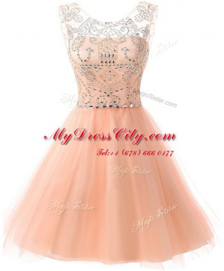 Fashion Scoop Peach Chiffon Zipper Prom Dresses Sleeveless Knee Length Beading
