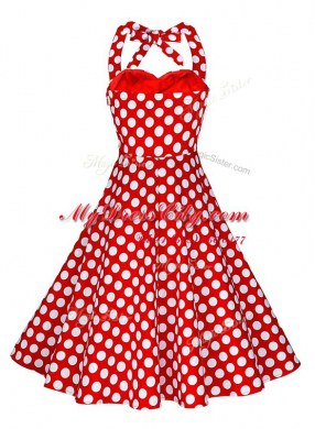 Popular Knee Length Backless Prom Dresses White And Red for Prom and Party with Pattern