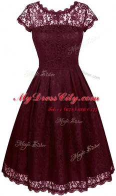 Sumptuous Scalloped Burgundy Zipper Prom Gown Lace Short Sleeves Tea Length