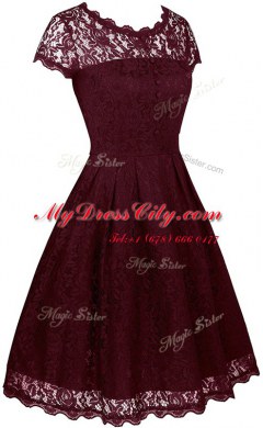 Sumptuous Scalloped Burgundy Zipper Prom Gown Lace Short Sleeves Tea Length