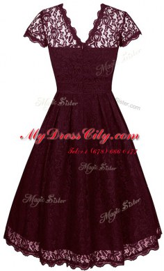 Sumptuous Scalloped Burgundy Zipper Prom Gown Lace Short Sleeves Tea Length