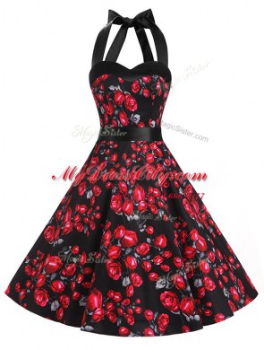 Extravagant Red And Black Chiffon Zipper Halter Top Sleeveless Knee Length Prom Party Dress Sashes ribbons and Pattern
