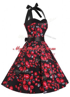 Extravagant Red And Black Chiffon Zipper Halter Top Sleeveless Knee Length Prom Party Dress Sashes ribbons and Pattern