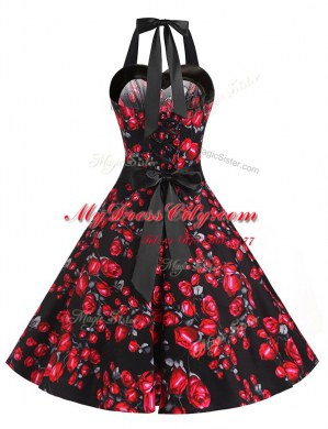 Extravagant Red And Black Chiffon Zipper Halter Top Sleeveless Knee Length Prom Party Dress Sashes ribbons and Pattern