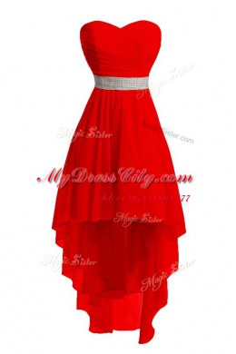 Sleeveless High Low Belt Lace Up Prom Dresses with Red