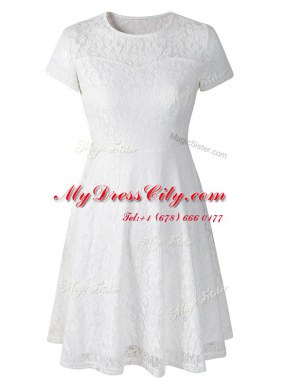 Beauteous Scoop White Short Sleeves Tea Length Lace Side Zipper Prom Gown