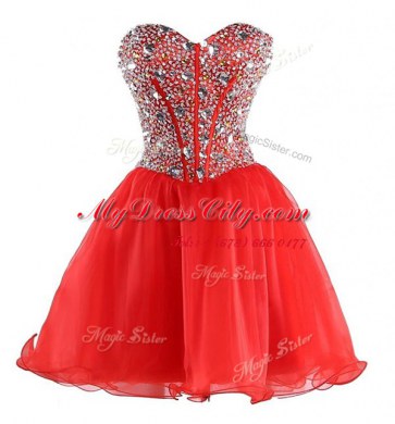 Modern Coral Red Sweetheart Lace Up Beading Prom Party Dress Sleeveless