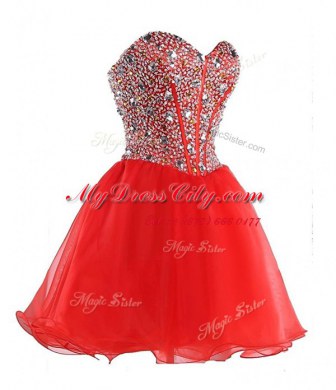 Modern Coral Red Sweetheart Lace Up Beading Prom Party Dress Sleeveless